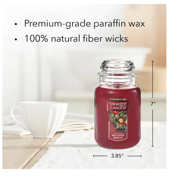 Yankee Candle Red Apple Wreath Scented, Classic 22oz Large Jar Single Wick Candle, Over 110 Hours of Burn Time, Christmas | Holiday Candle - 24hrsmart